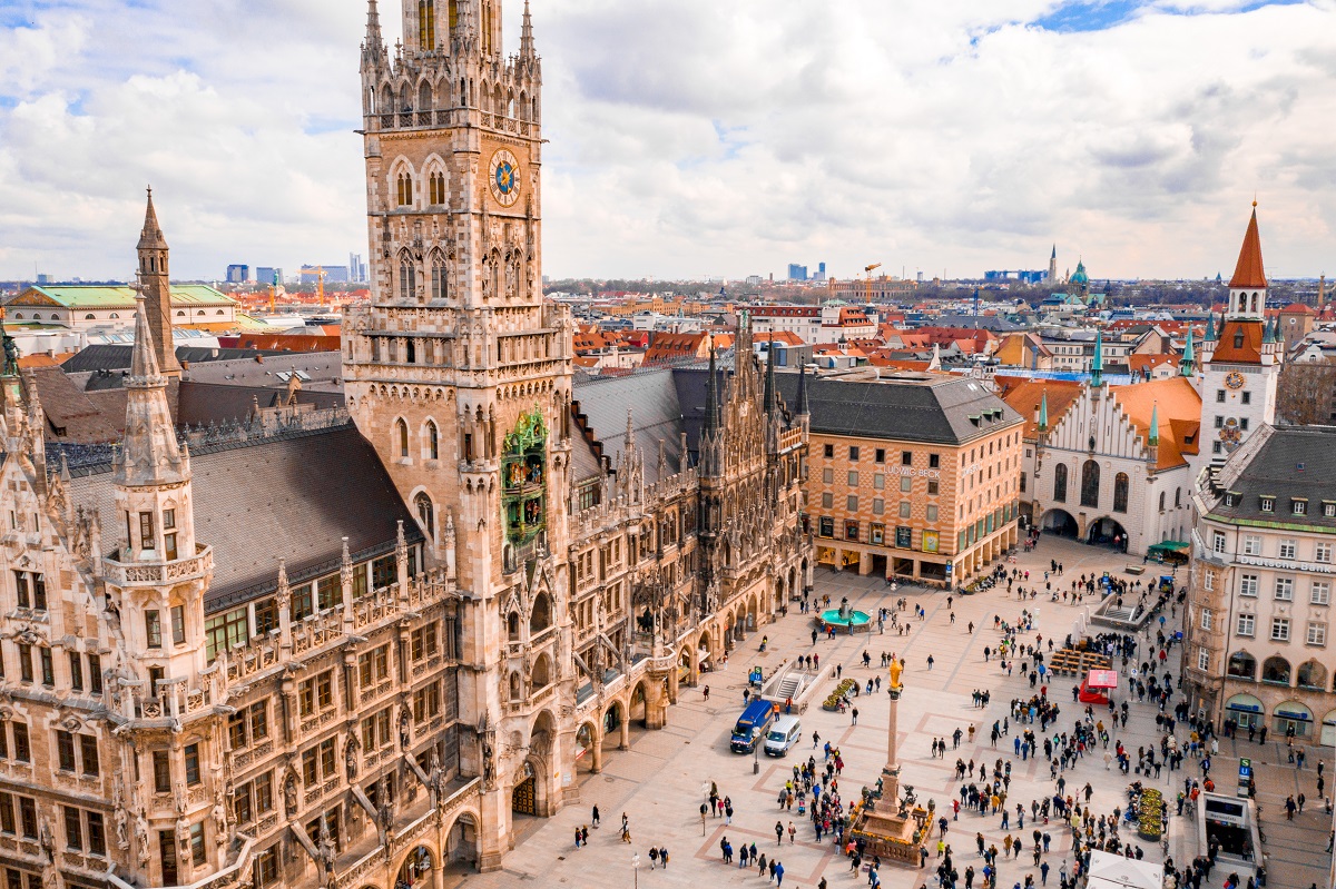 Beautiful Munich architectural aerial view. Germany, Bavaria. Marienplatz town hall.