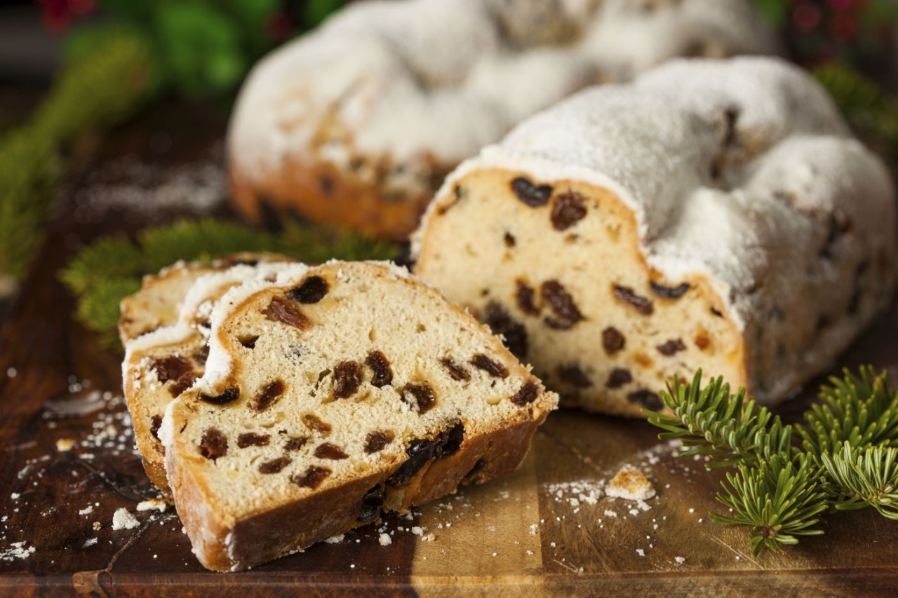 Festive Christmas German Stollen Bread with Powdered Sugar