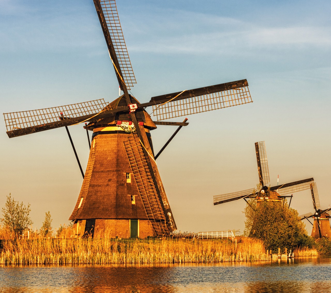Windmills at Kinderdijk, colorful picturesque landscape, Netherland, vertical